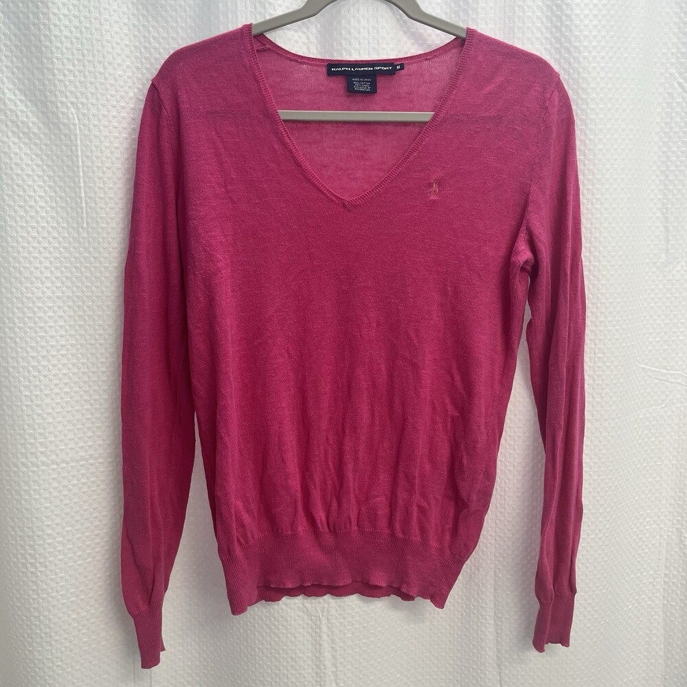 Ralph Lauren Sport Pink Linen Blend V Neck Sweater Golf Tennis Medium Pony - Picture 1 of 9